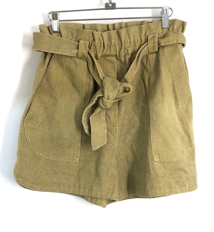 FRNCH Women's Paperbag Waist Belted Shorts Mustard Olive Cotton Twill Sz S