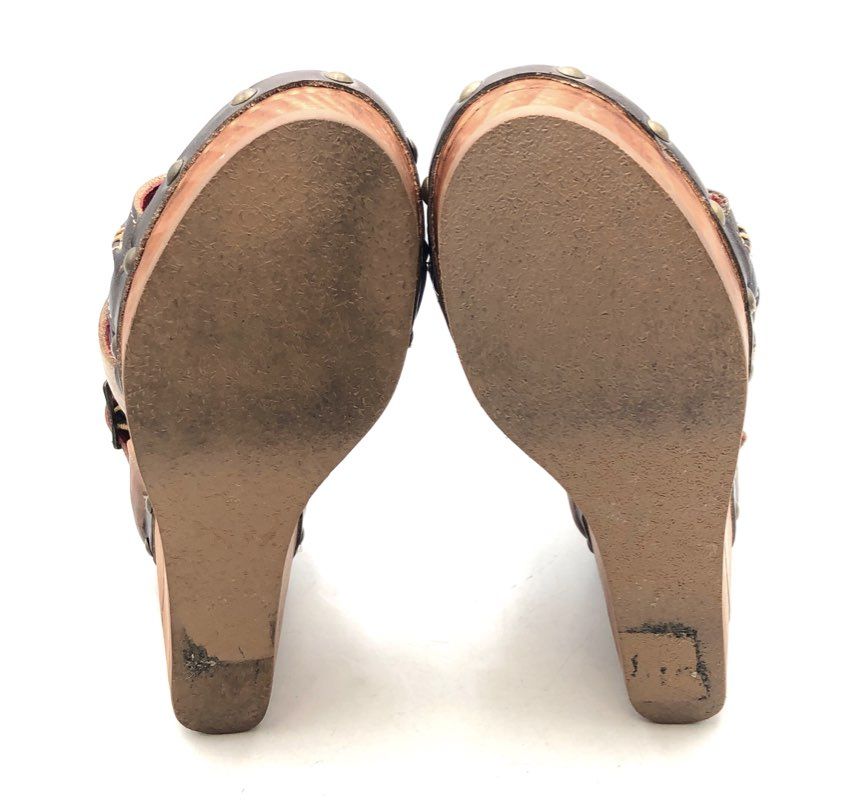 Bed Stu Tan Brown Leather Studded Multi-Strap Wedge Sandals Size 6.5