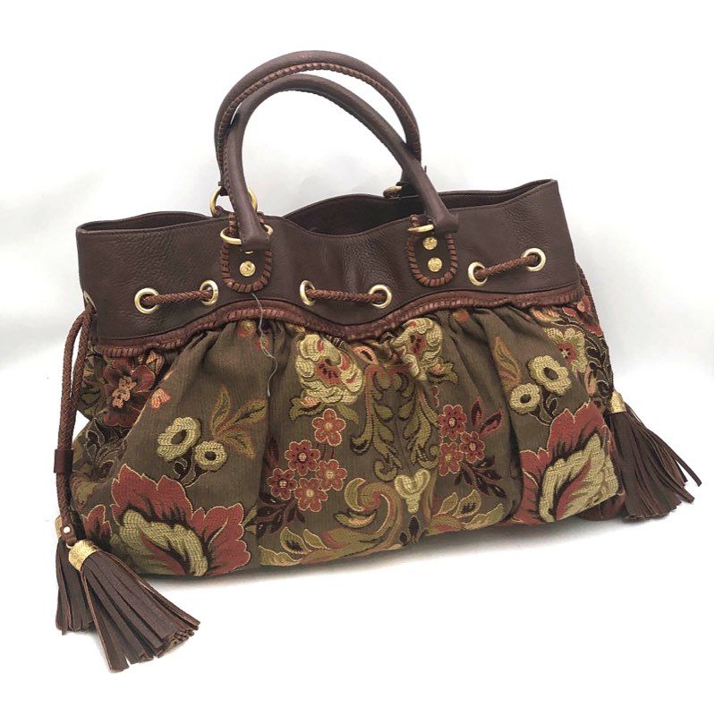 Vintage 2000s Isabella Fiore Floral Tapestry Leather Satchel Handbag Tassels