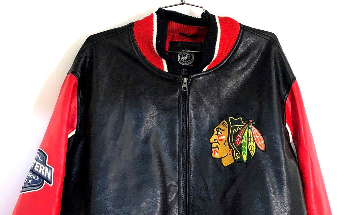 NHL Chicago Blackhawks Men's Faux Leather Western Conference Patch Jacket Sz L