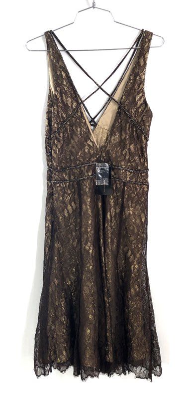 BCBGMAXAZRIA Women's Chocolate Gold Metallic Beaded Lace Cocktail Dress NWT Sz 4