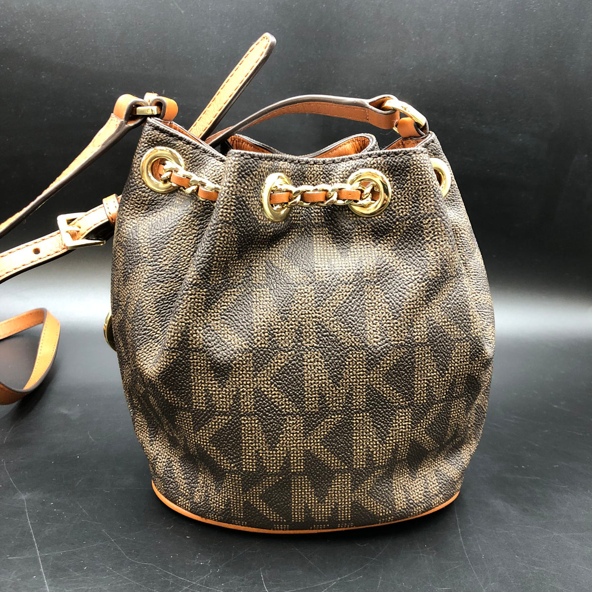 Michael Kors Brown Signature Print 'Frankie' Bucket Bag (+COA)