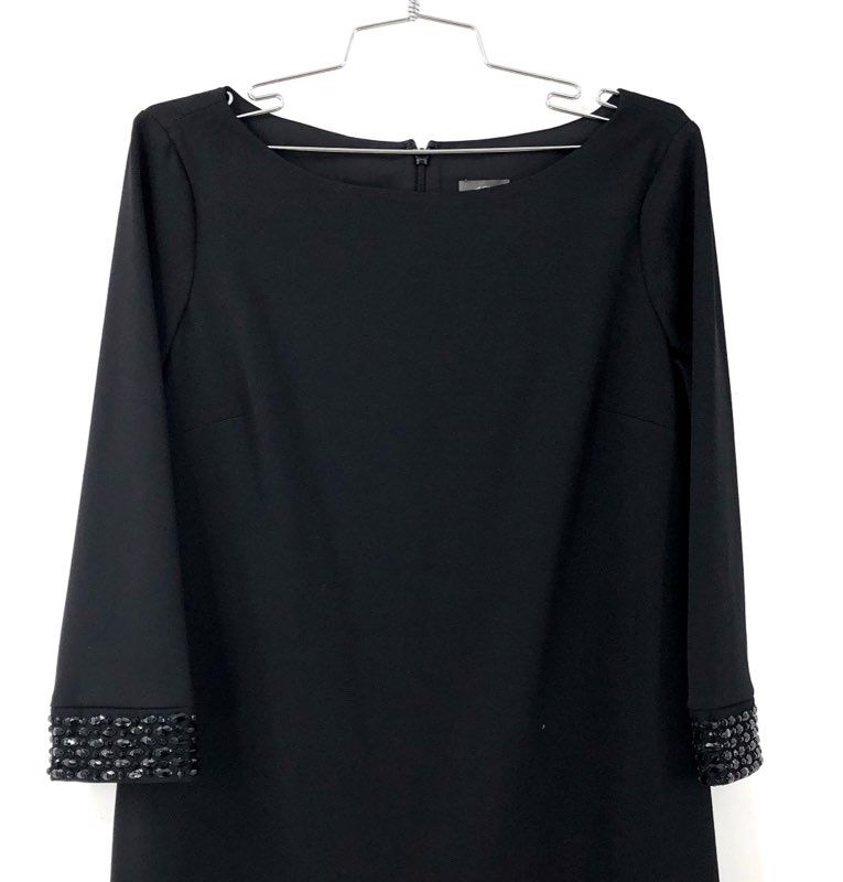 Vince Camuto Women's Sheath Dress Black Beaded Cuff Boat Neck NWT Size 8