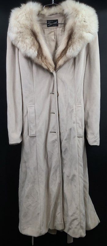 Vintage 70s Sherwood of Ohio Long Fur Collar Belted Suede Cloth Coat Sz S/M
