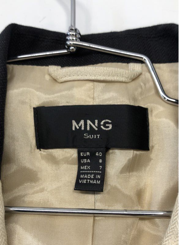 MNG Mango Women's Beige Linen Blend Herringbone Blazer Jacket Black Piping Sz 8