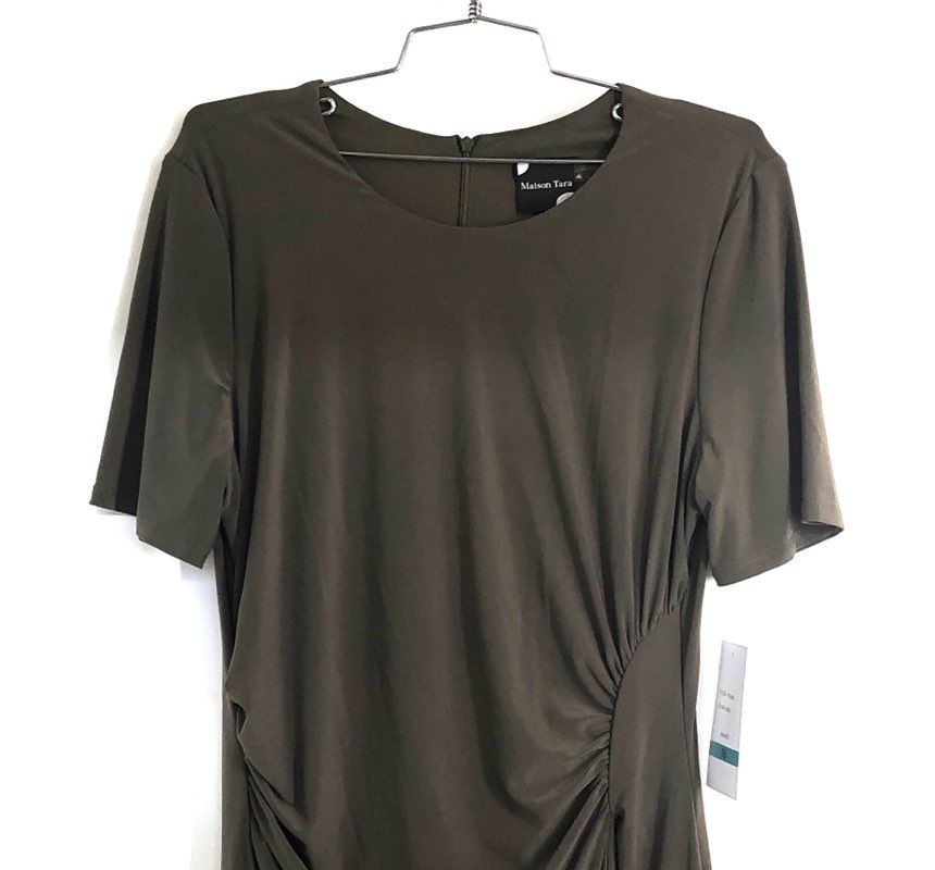 Maison Tara Women's Moss Green Ruched Side Slit Short Sleeve Dress NWT Sz 16