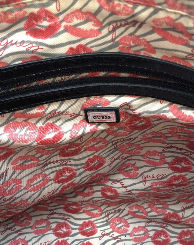 Vintage Guess Black Croc Embossed Patent Faux Leather Tote Shoulder Bag Y2K