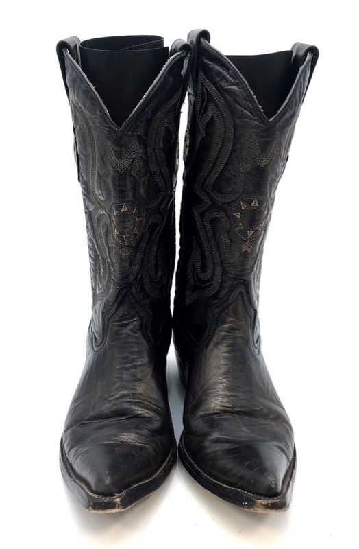 Las Trampas Black Leather Pointed Toe Stitched Western Cowboy Boots Size 8