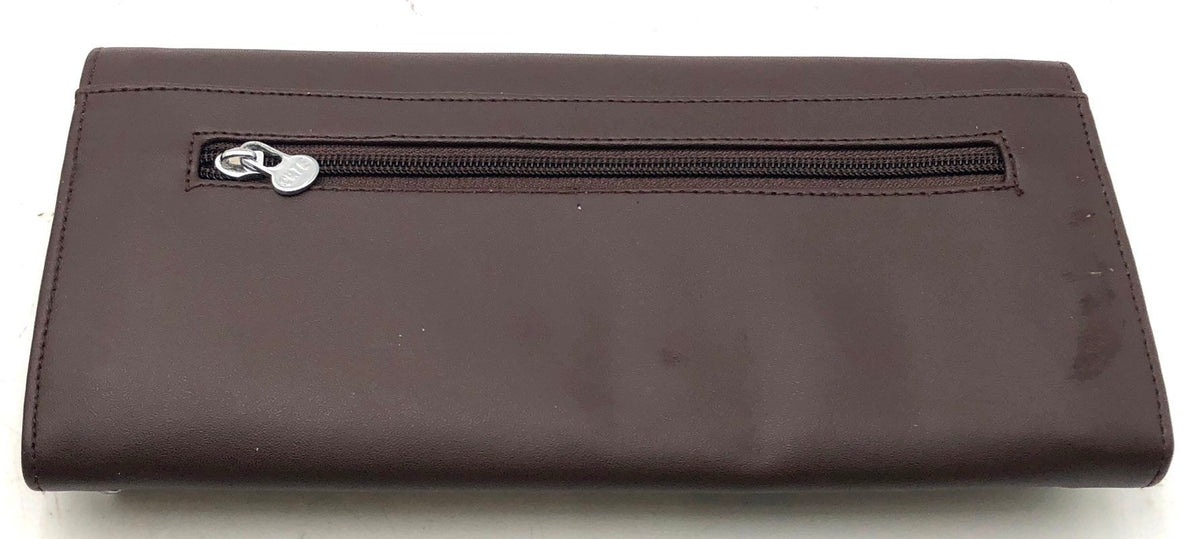 Cute Brown Faux Leather Continental Tri-Fold Wallet Multi-Pocket Zipper Purse
