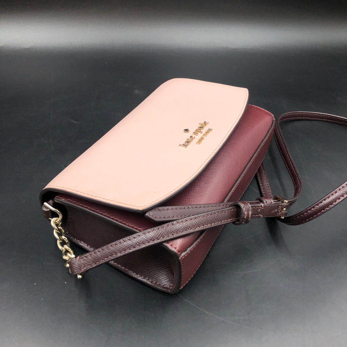 Kate Spade Pale Pink Burgundy Leather Flip Crossbody Bag Gold Hardware COA