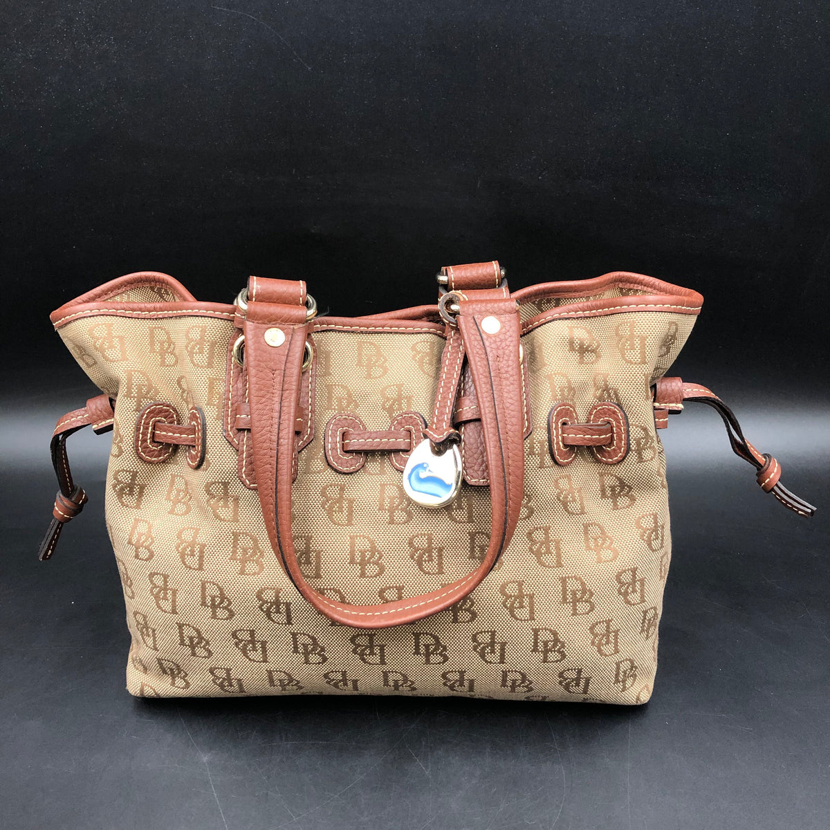 Dooney & Bourke Brown Signature Canvas Monogram Drawstring Satchel Bag COA