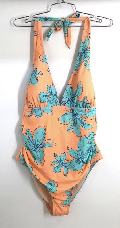 Cupshe Women's Peach Floral Tropical Halter V-Neck One Piece Swimsuit Sz 2X NWT
