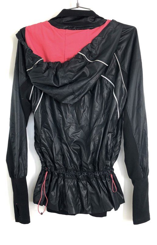Zella Women's Black Hooded Peplum Running Jacket Pink Accents Thumbholes Sz XS
