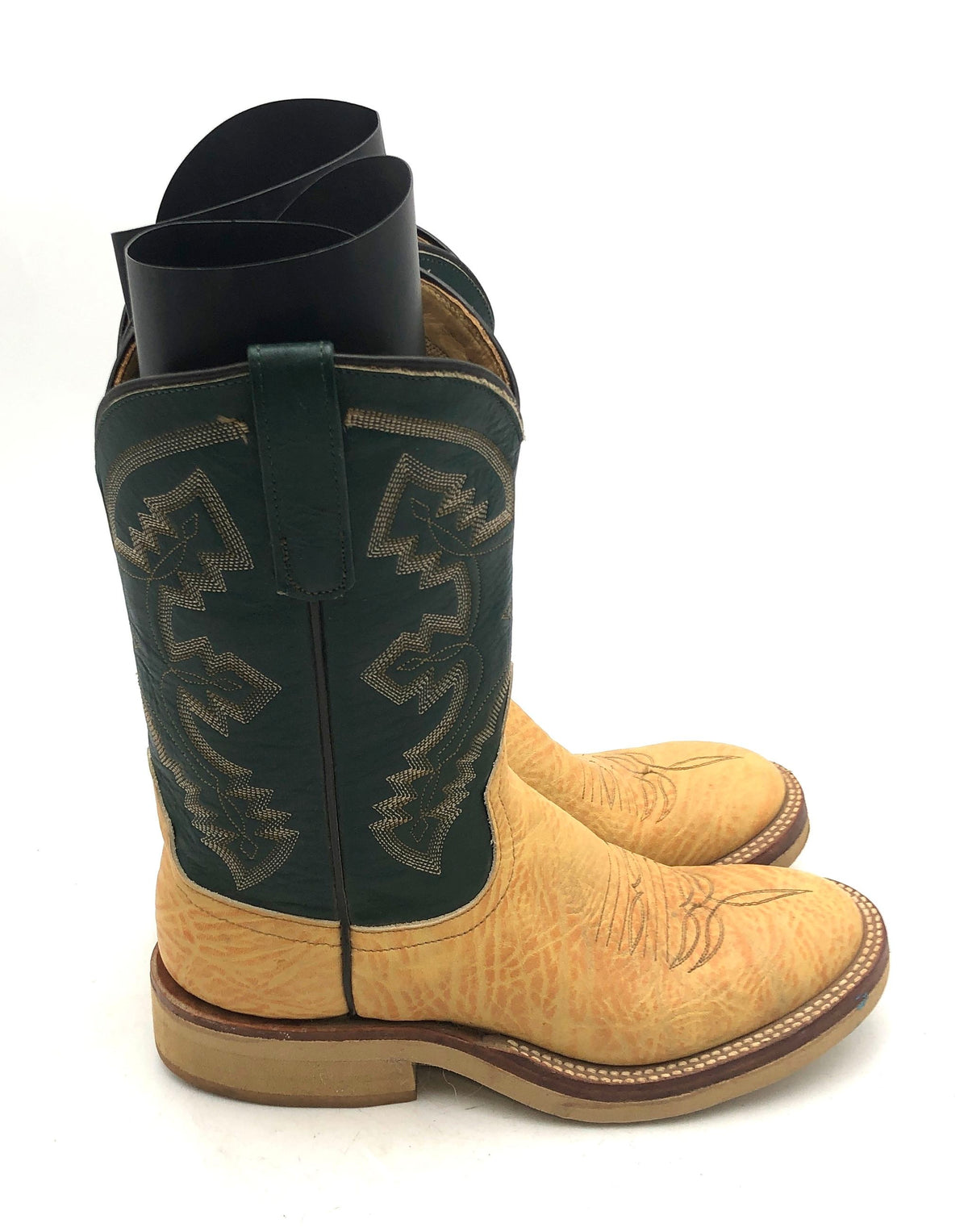 Anderson Bean Tan Bull Hide Green Leather Western Cowboy Boots Size 7.5