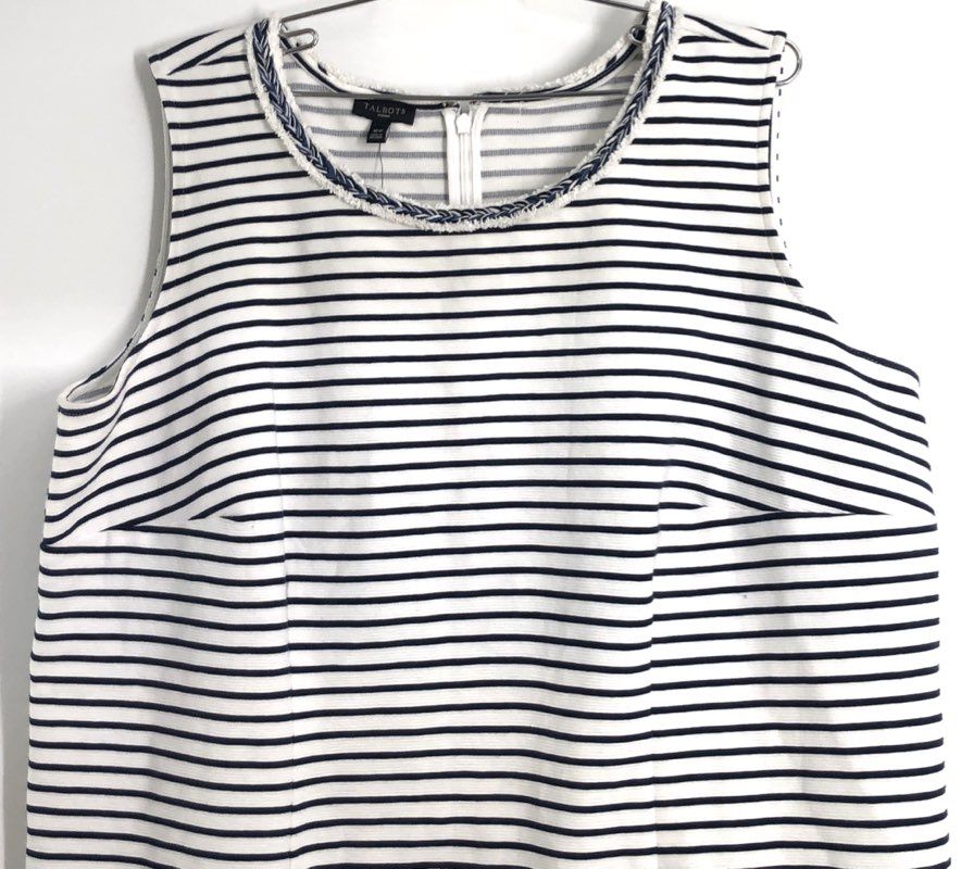 Talbots Women's White Navy Blue Striped Braided Trim Sleeveless Dress NWT Sz 16W