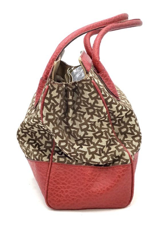 DKNY Tan Red Monogram Canvas Leather Tote Bag Gold Tone Hardware