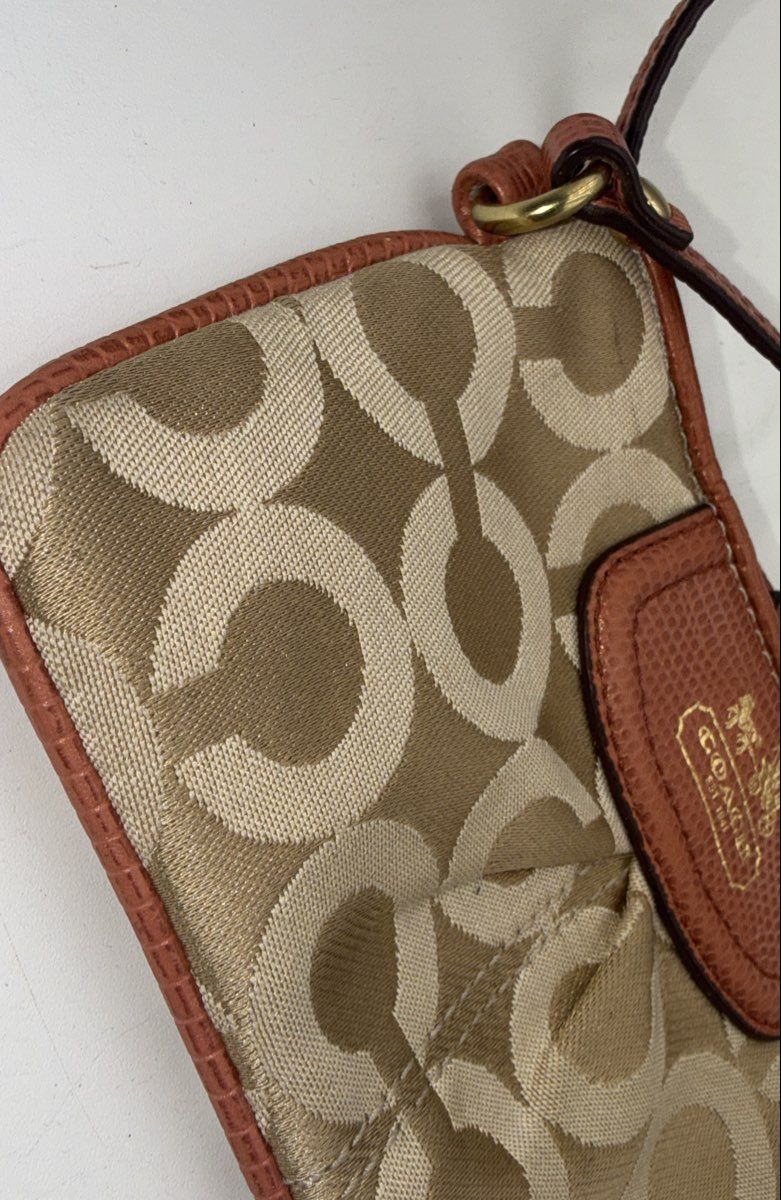 Coach Beige Signature Canvas Small Wristlet Pouch Brown Leather Gold Logo