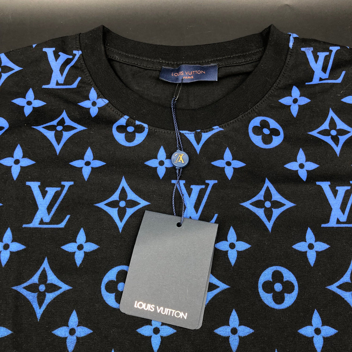 Louis Vuitton Inspired Men's Black T-Shirt w/ Green/Blue Monogram Print - Sz 2XL