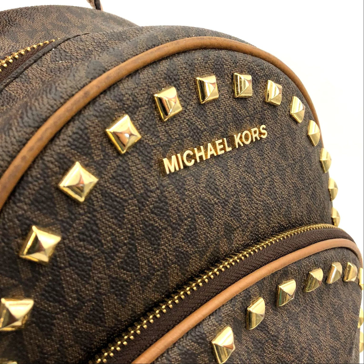 Michael Kors 'Abbey' Brown Signature Print Backpack w/ Gold Studded Trim (+COA)