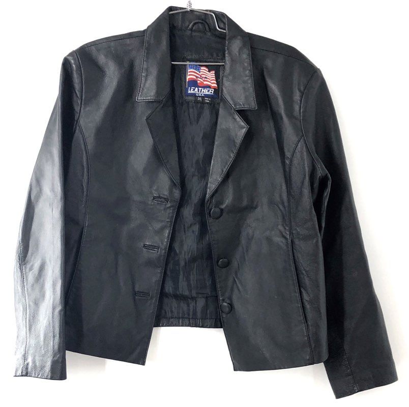 Vintage Y2K Leather U.S.A. Women's Black Genuine Leather Blazer Jacket Sz 2XL
