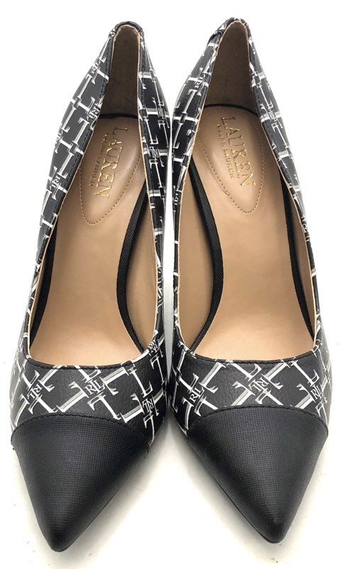 Lauren Ralph Lauren Monogram Cap Toe Pointed Toe Pumps Black White Size 7B