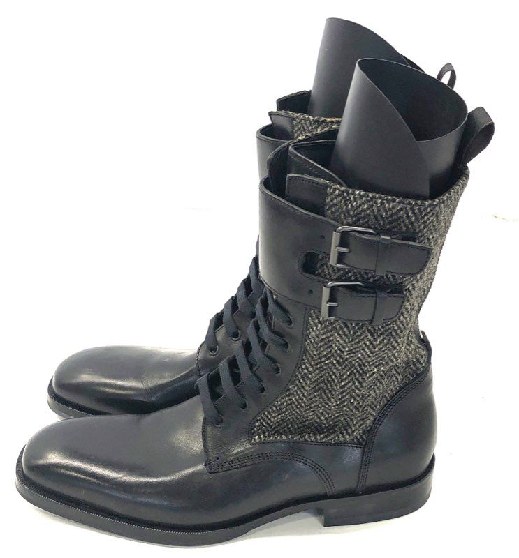 Hugo Boss Black Leather Tweed Double Buckle Combat Boots Made in Italy Sz 41