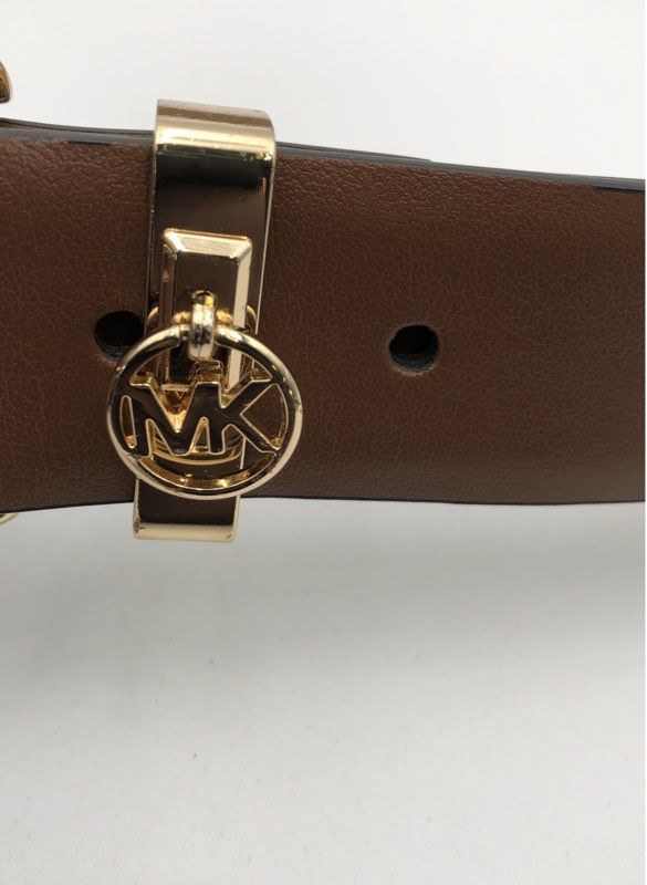 Michael Kors Women's Belt Brown Genuine Leather Gold Tone MK Logo Charm Size L