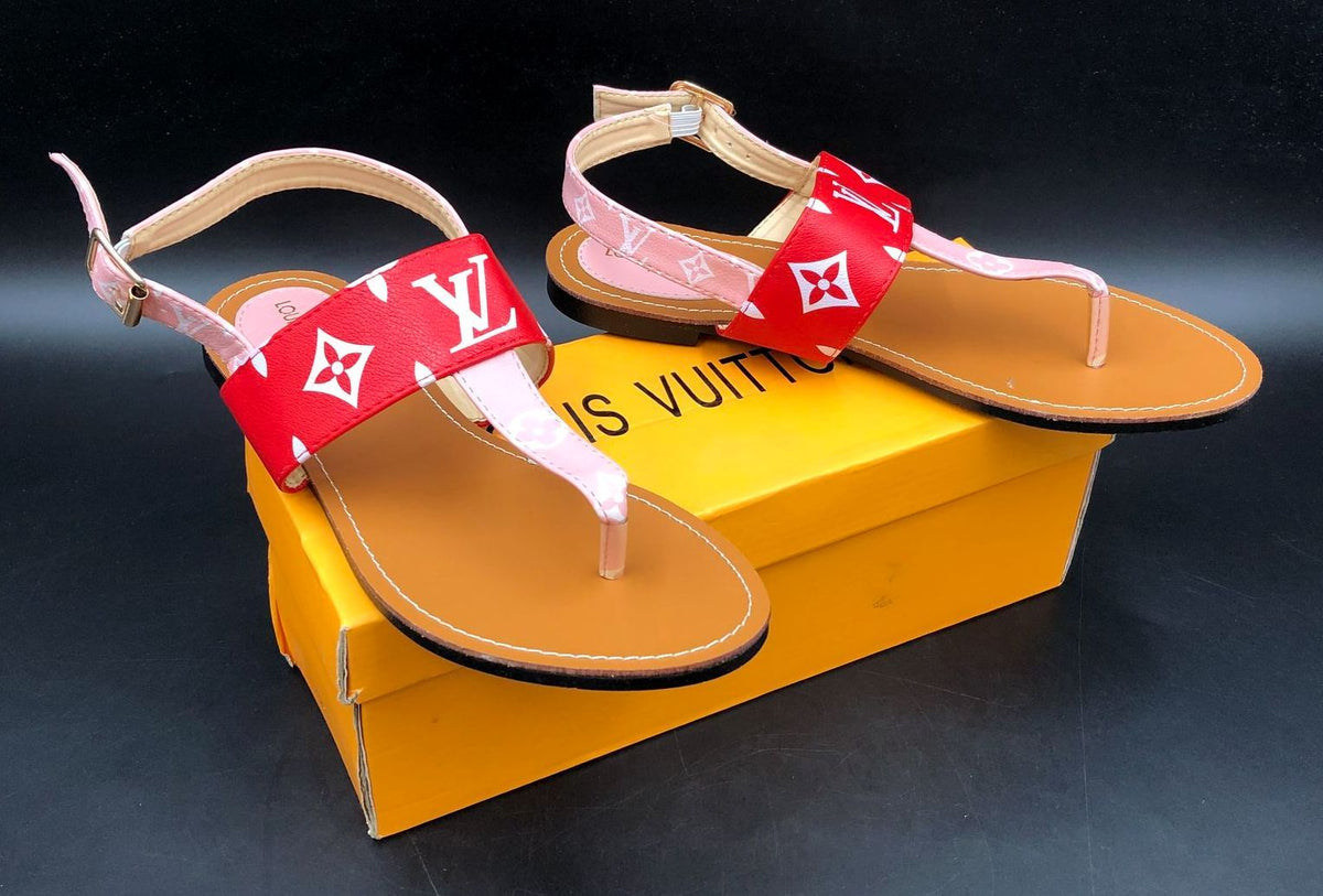 Louis Vuitton Inspired Women's Brown/Red/Pink Monogram Print Sandals - Size 38