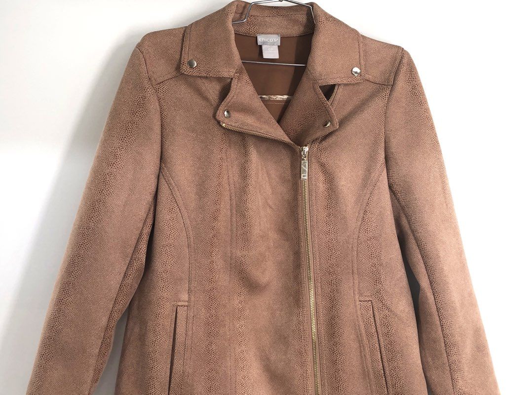 Chico's Women's Tan Snakeskin Faux Suede Asymmetrical Zip Moto Jacket Sz 0P
