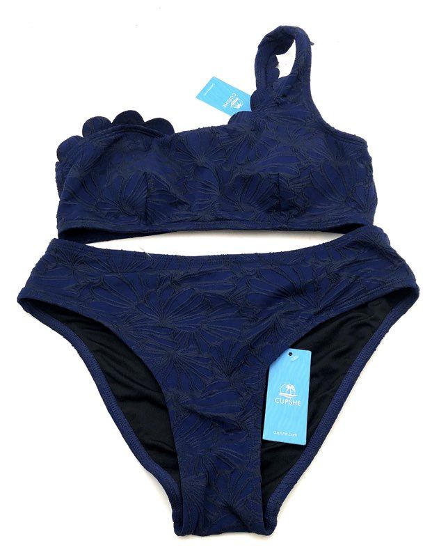 Cupshe Women's Navy Blue One Shoulder Scalloped Floral Textured Bikini Set NWT S