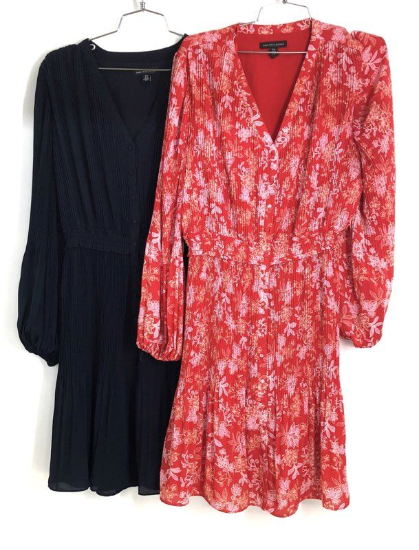 Saks Fifth Avenue Women's Pleated Long Sleeve Button Front Dress Set Navy Red L
