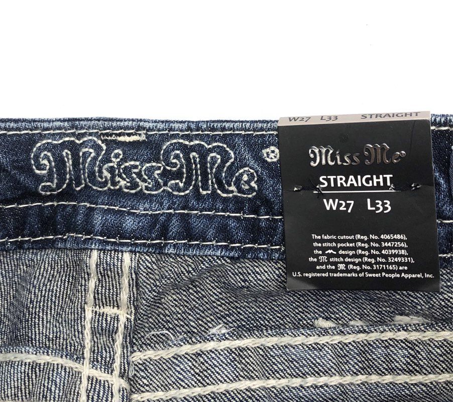 Miss Me Women's Blue Distressed Embellished Straight Leg Jeans Sz 27x33 NWT