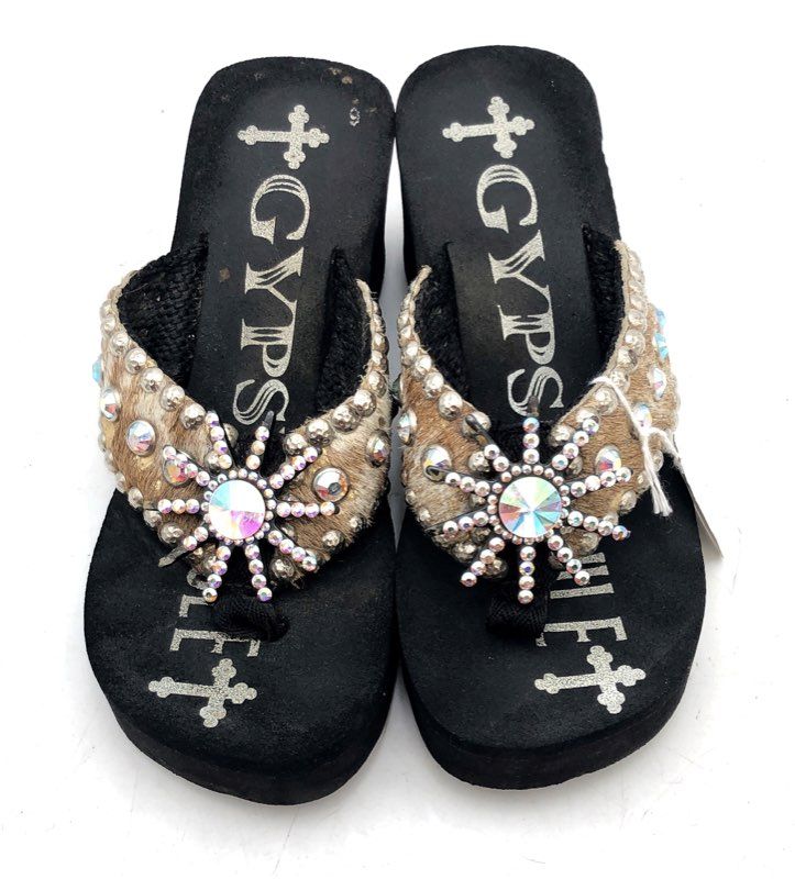 Gypsy Soule Leopard Calf Hair Crystal Studded Platform Wedge Sandals Size 6