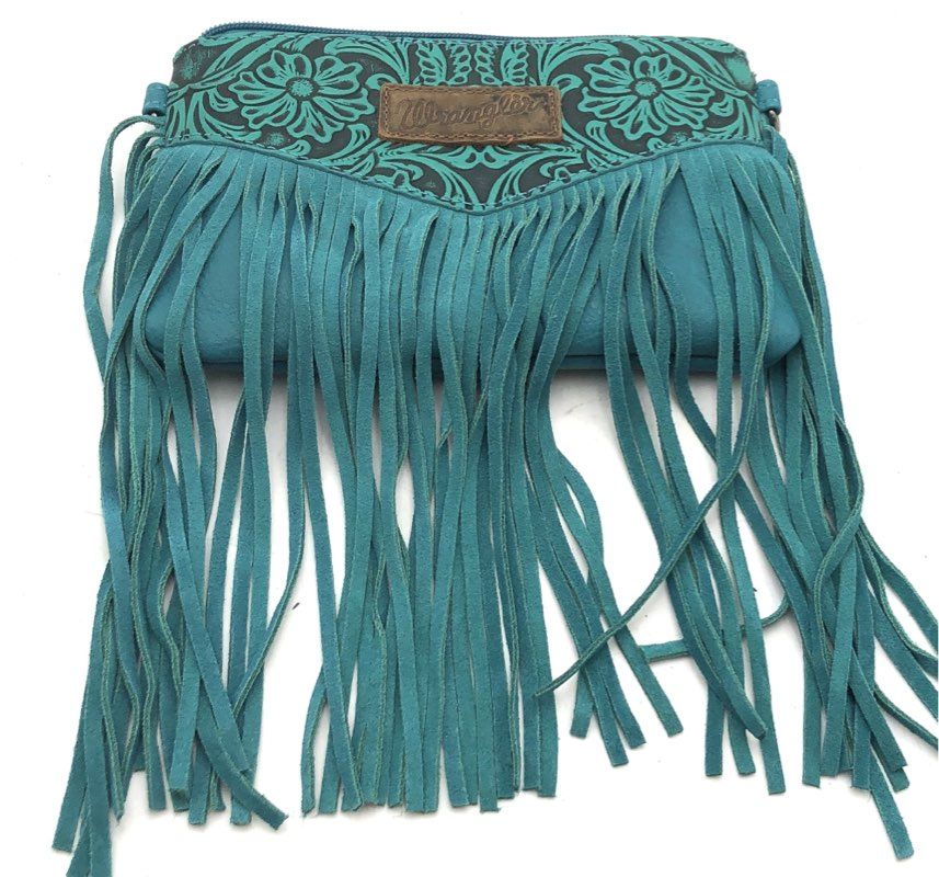 Wrangler Teal Tooled Floral Fringe Crossbody Wallet Bag Turquoise Western Boho