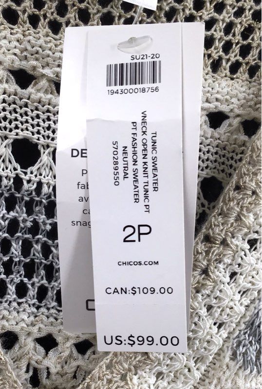 Chico's Women's Tunic Sweater Neutral Striped V-Neck Open Knit NWT Size 2P