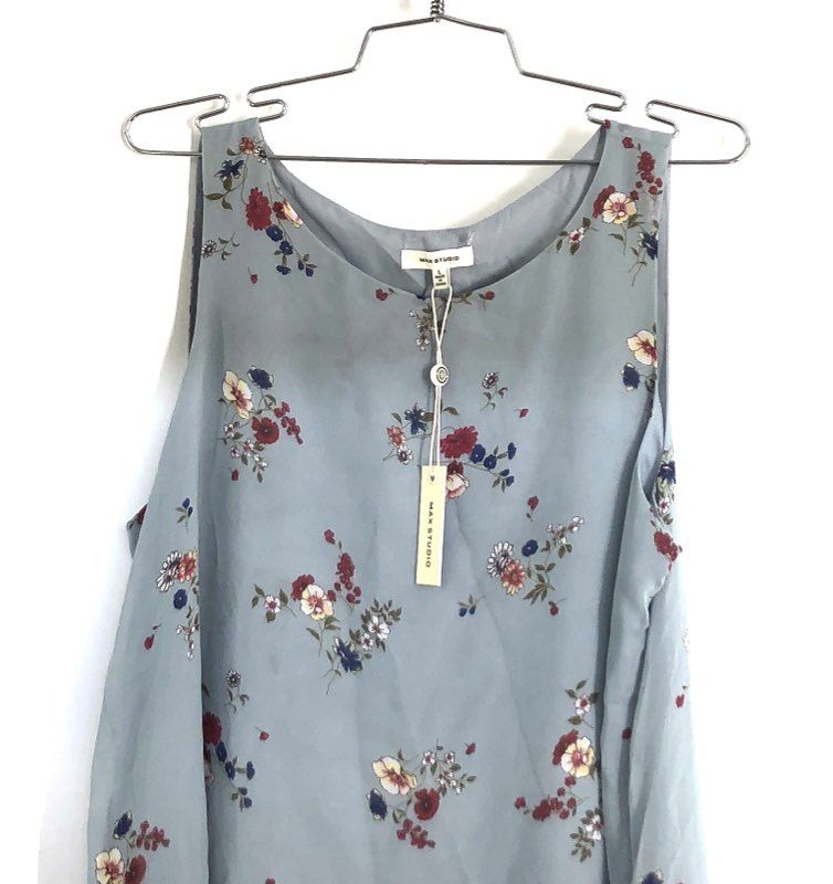 Max Studio Women's Blue Floral Sleeveless Tunic Blouse Border Print Sz L NWT