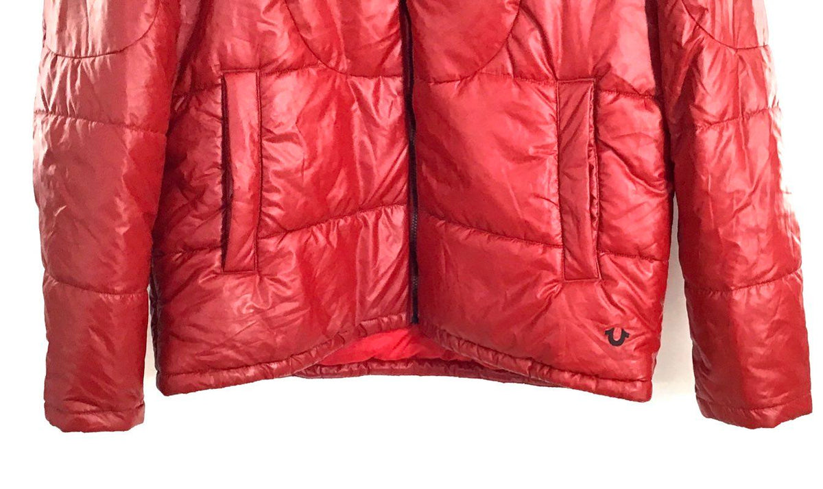 True Religion Men's Ruby Red Hooded Shiny Puffer Jacket NWT Size 3XL