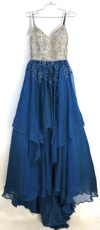 Women's Blue Formal Gown Rhinestone Bodice Tiered Chiffon High Low Dress