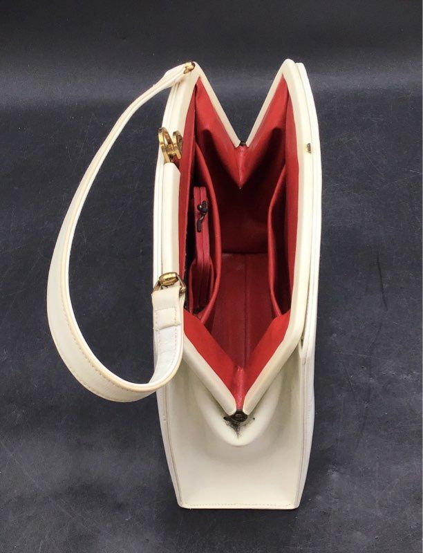 Vintage 1960s Rich Craft White Leather Frame Bag Satchel Red Lining Coin Purse