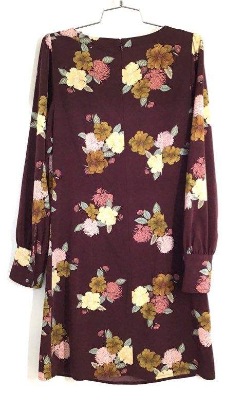 LOFT Women's Burgundy Floral Long Sleeve Shift Dress Round Neck Sz 6T