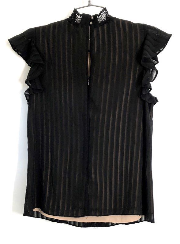 November Four Women's Black Lace Sheer Stripe Flutter Blouse Sz S NWT