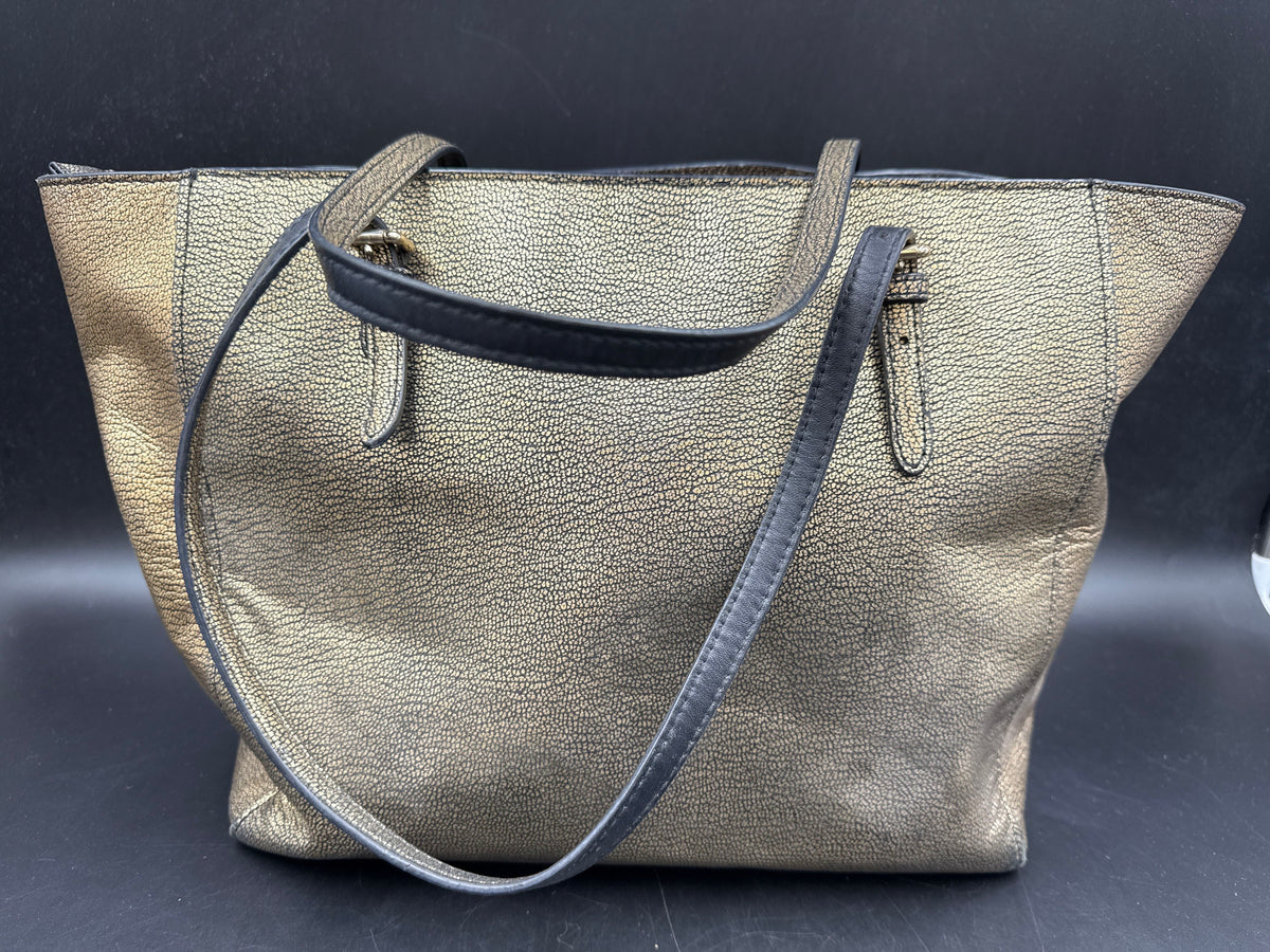 Coach Turnlock Metallic Gold Pebble Leather Tote Bag Purse COA