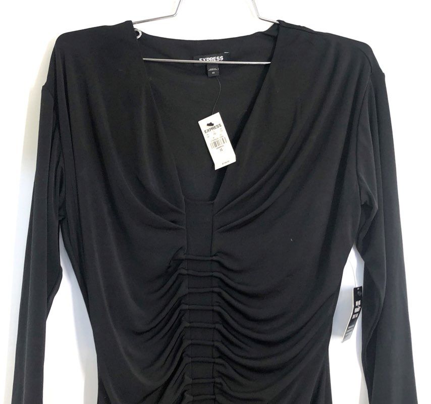 Express Women's Black Ruched Long Sleeve V-Neck Ladder Bodycon Dress XS NWT