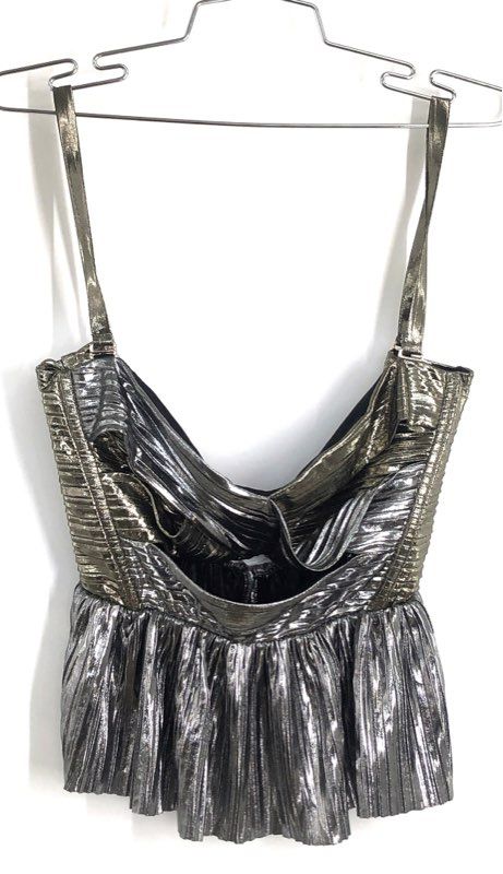 Sabina Musayev Women's Nibar Peplum Top Silver Metallic Pleated Sleeveless L NWT