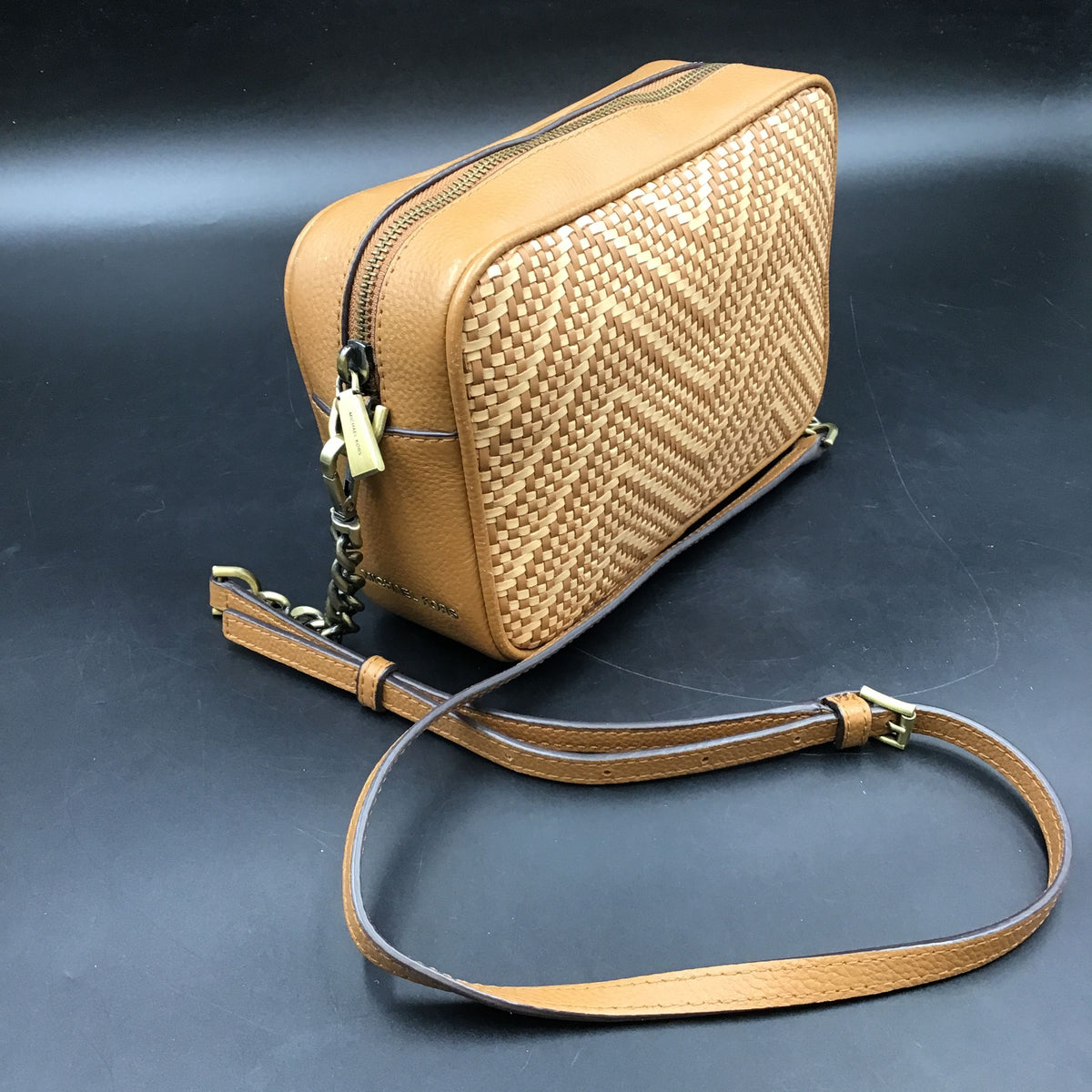 Michael Kors Brown Leather 'Ginny Woven' Crossbody Bag (+COA)