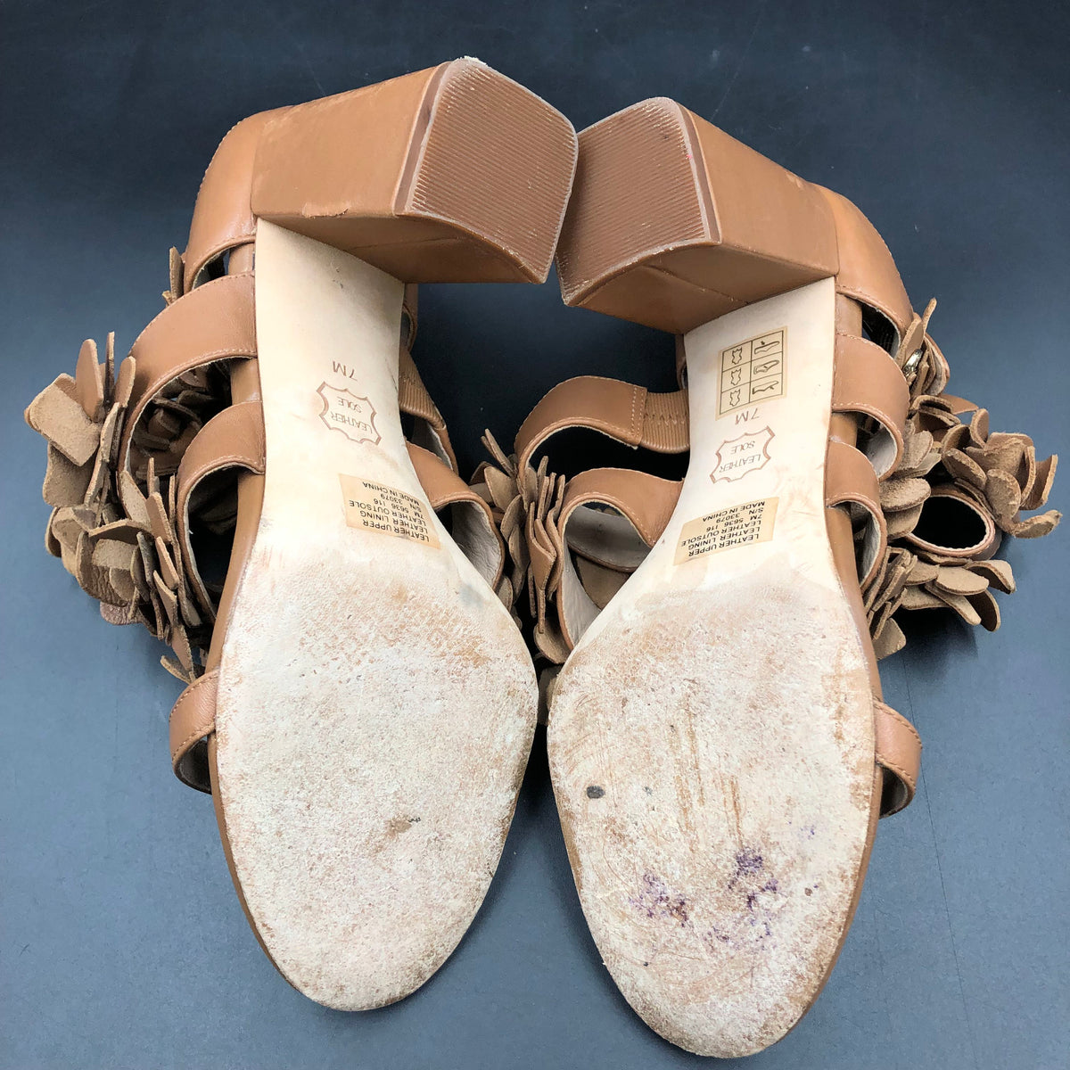 Tory Burch Blossom Floral Applique Brown Leather Block Heel Sandals Size 7 COA