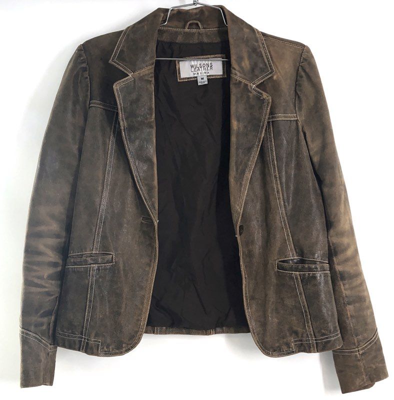 Vintage Y2K Wilsons Leather Maxima Women's Distressed Brown Blazer Jacket Sz M