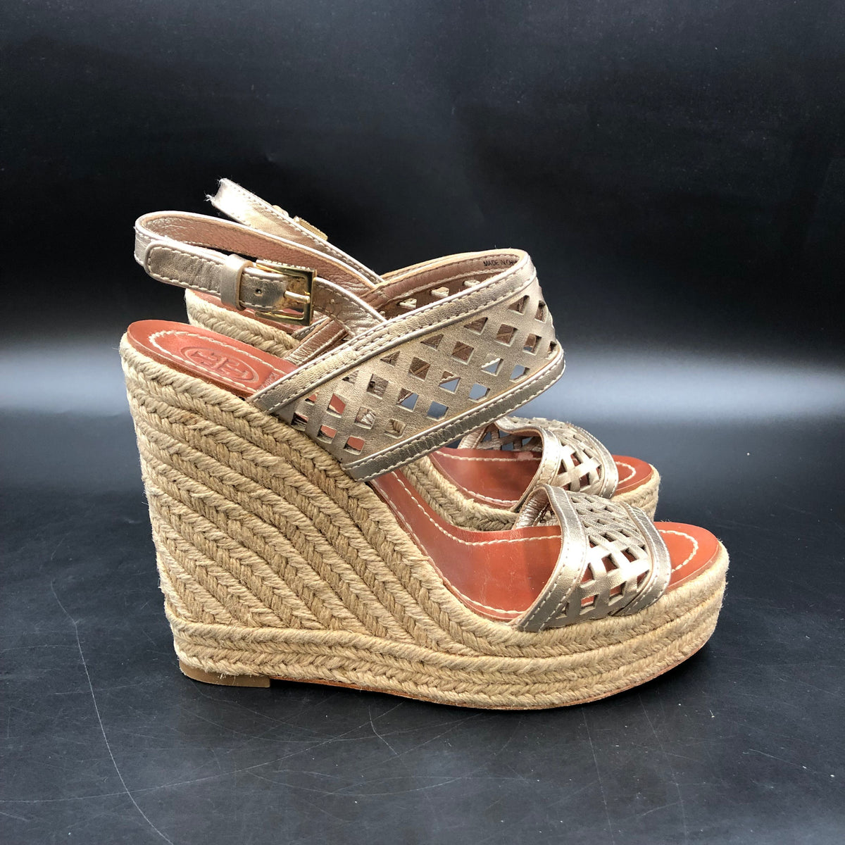 Tory Burch Metallic Gold Laser-Cut Espadrille Wedge Sandals Size 7 COA