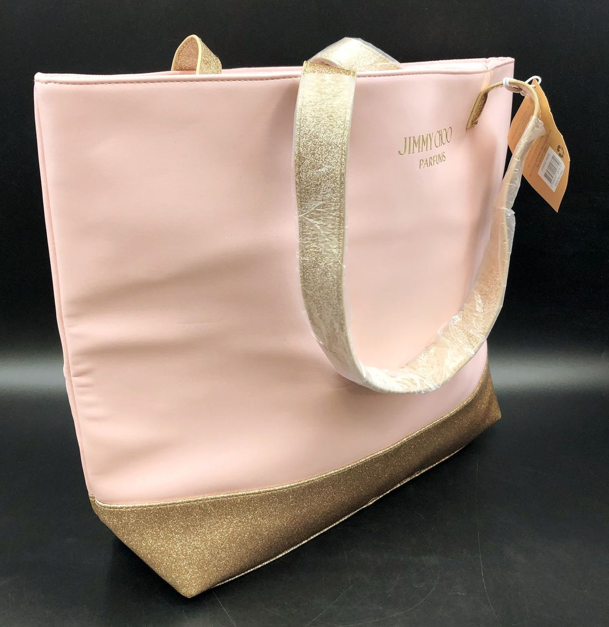 Jimmy Choo Parfums Large Pink/Metallic Glitter Gold Designer Faux Leather Tote