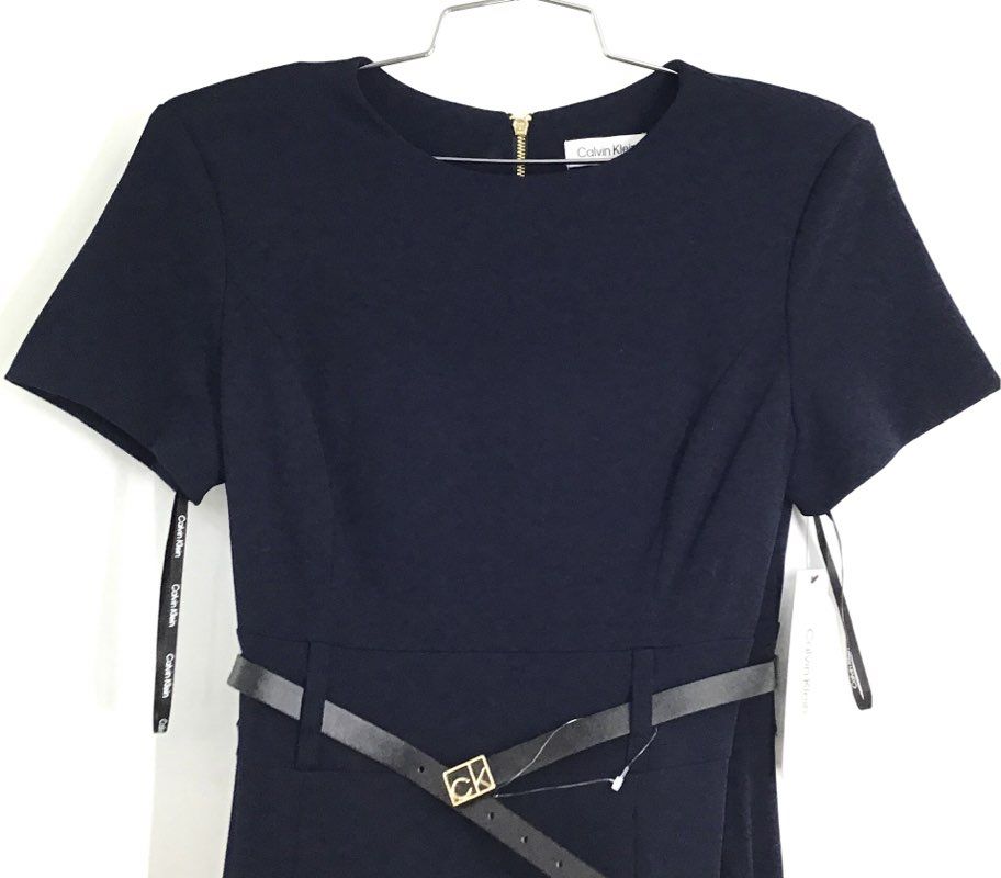 Calvin Klein Women's Navy Blue Belted Short Sleeve Fit & Flare Dress NWT Sz 6